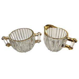 Vintage Glass Cream & Sugar Set With Gold Accents & Ribbed Design